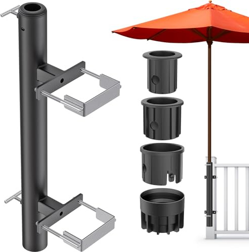 Dolibest Parasol Clamp Balcony, Patio Umbrella Holder Tube Fence Deck Mount Bracket Stand Adjustable Sun Umbrella Fixing Clip Space Saving with 3 Sleeves for 3-5cm Pole,Max 10.6 x 10.4cm Railing/Black