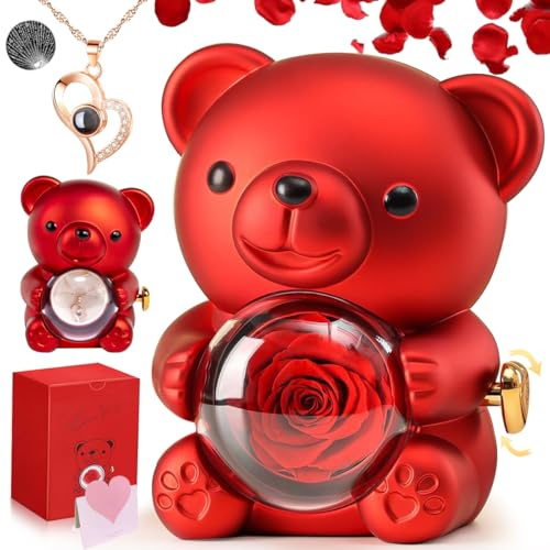 Kiyiusan Orsetto con Rosa Eterna e Collana Ti Amo in 100 Lingue, Confezione Regalo Romantica per Donna, Fidanzata, Mamma, Moglie, Idee Regalo per San Valentino, Natale, Compleanno, Festa della Mamma