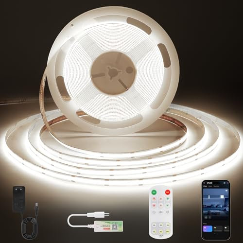 ACELUMO Striscia LED COB da 5 m, dimmabile con funzione timer, larghezza 8 mm, luce bianca neutra, per camera da letto, parete, cucina, soggiorno, 4000 K