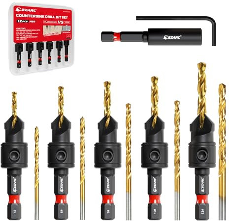 EZARC Senkbohrer Holz, 12 tlg Senker Bohrer Set für Holzbearbeitung, #4, #6, #8, #10, #12, Magnetischer Verlängerter Bithalter mit Aufbewahrungsbox