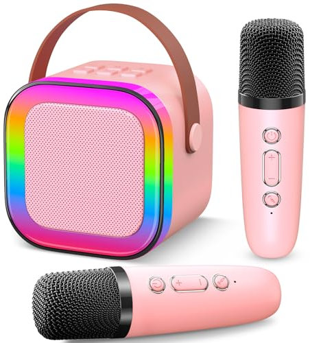 Gontence Karaoke con 2 Microfono Bambini - Macchina Musicale con Luce LED - Regalo per Bambine 3-12 Anni - Giocattolo Giochi Bambina 3-12 Anni -Mini Microfono Rosa per Karaoke