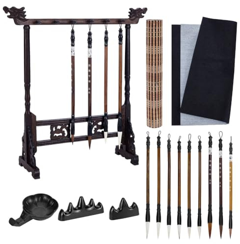 AHANDMAKER Juego de pinceles de caligrafía china Kanji, 15 piezas, juego de pinceles de escritura y dibujo japonés, para principiantes en arte de acuarela, con soporte para pinceles enrollable,
