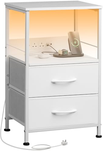 WLIVE White Bedside Table with Drawers, Bedside Cabinet with LED Lights and Charging Station, Side Table for Bedroom, Living Room, Small Spaces, White