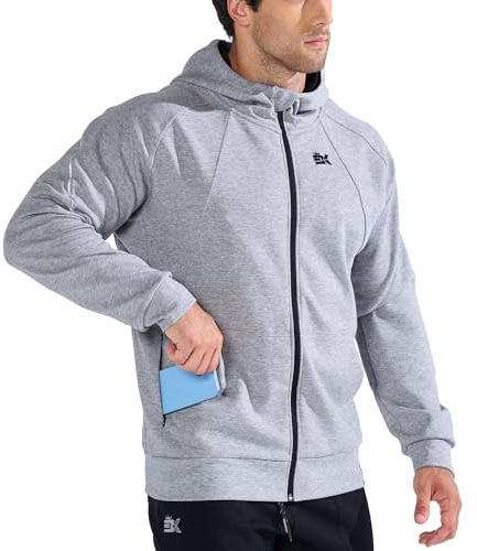 BROKIG Mens Zip Up Gym Jacket Running Hoodies Tracksuit Top Casual Coat | Sports Coat with Pockets, Full Zip Track Jackets, Sweatshirt with Hood, Hooded, Windproof, Reflective Stripe