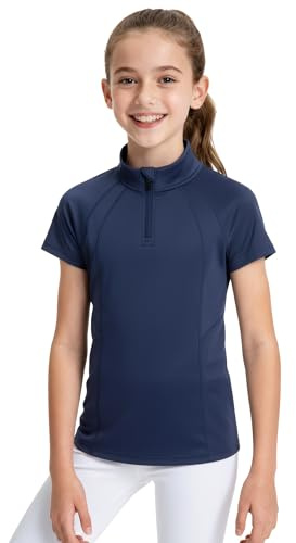 JOCMIC Girls Short Sleeve Equestrian Shirt Horse Riding Shirts Half Zip Kids for Golf Yoga Running Navy 11-12 Years