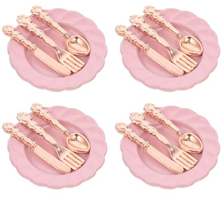 ERINGOGO Set Mini Stoviglie in Lega per Casa delle Bambole 4 Piatti Rosa 12 Posate in Miniatura Accessori Gioco Educativo per Dettagli Realistici e Colori Vivaci