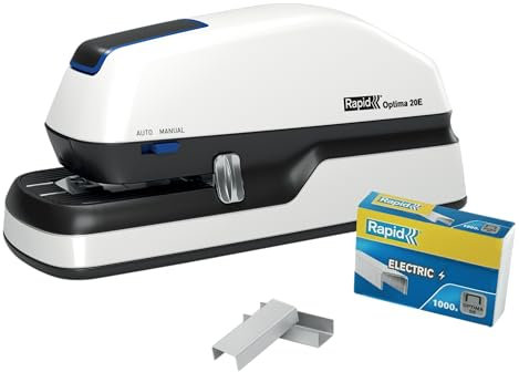 Rexel Rapid Grapadora Eléctrica Contactless Optima 20E, Grapadora Automática con 1000 Grapas Incluidas, Grapadora Color Blanco, Hasta 20 Hojas, 2102351