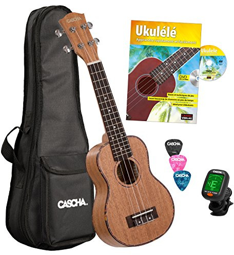 CASCHA HH 2027 FR Set de Ukulélé Soprano Premium Acajou avec une méthode en français, accordeur, sac rembourré, 3 plectres et cordes Aquila de qualité Marron