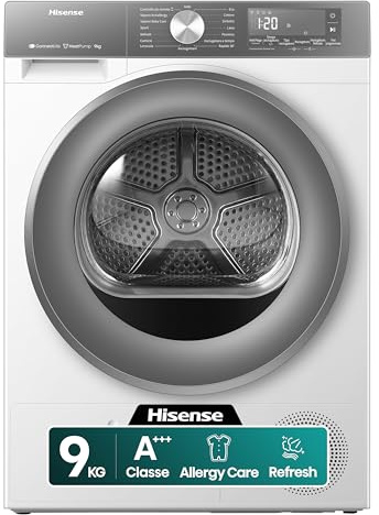 Hisense DH3S902BWCCA Asciugatrice a Pompa Di Calore, 9 Kg, A+++/C, Big Display, 16 programmi, Refresh, WiFi, Porta Reversibile, Bianco/Silver