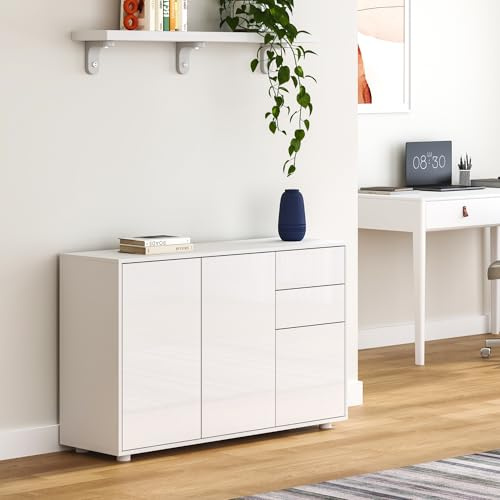 [en.casa] Credenza con 2 Cassetti e 3 Ante Comò Cassettiera Multiuso con Scomparti Vani Chiusi per Soggiorno Camera da Letto Ufficio 74x117x36 cm - Bianco Lucido