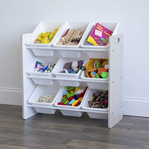 Humble Crew Wooden Toy Storage Organiser for Children & Toddlers, with 9 BPA Free Plastic Removeable Storage Bins, Ideal for Storing Toys, Games, Books and Craft Supplies - Sandwashed/White