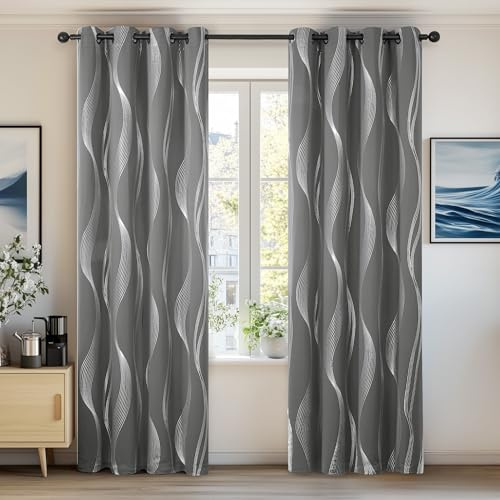 Deconovo Blackout Curtains for Living Room 52 x 84 Inch, Eyelet Curtains Thermal Insulated Silver Wave Line Foil Printed Curtains, Light Grey, 2 Panels