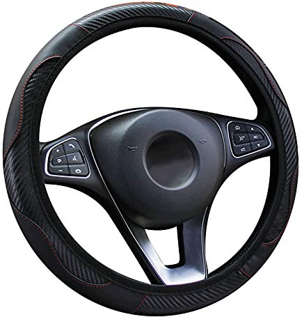 LMYDIDO Car Steering Wheel Cover Leather, Anti-slip Breathable Carbon Fiber Sports Elastic Band Without Inner Ring Steering Wheel Cover Universal Size 37-39cm /14.5-15inch (Black)
