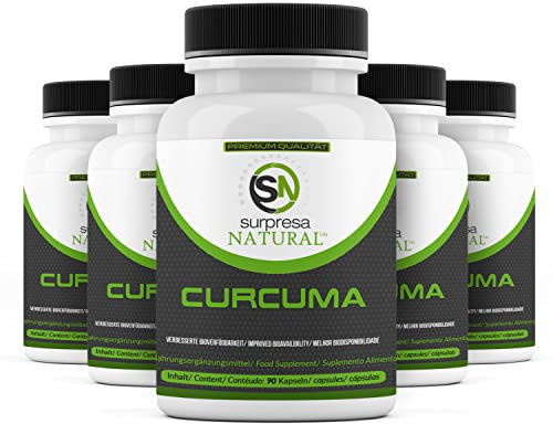 Surpresa Natural Curcuma-Kapseln hochdosiert I 5 x 90 Stück I Mit 450mg Curcuma-Pulver & 200mg Kurkuma-Extrakt I Vorrat für 15 Monate I Kurkuma-Kapseln mit Curcumin & Piperin I vegan & natürlich