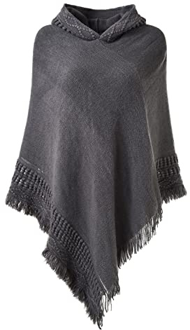 Ferand Ladies Hooded Poncho with Fringed Hem Crochet Cape for Autumn Winter 2023, One Size, Grey