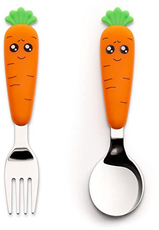 2PCS Forchetta Bambini, WitBicg Posate Svezzamento, Posate Bambini Acciaio Carota Cucchiaino Svezzamento Pappa Neonato Svezzamento, Aumentare l'Appetito, Consigliato Per i Bambini Dopo 18 Mesi