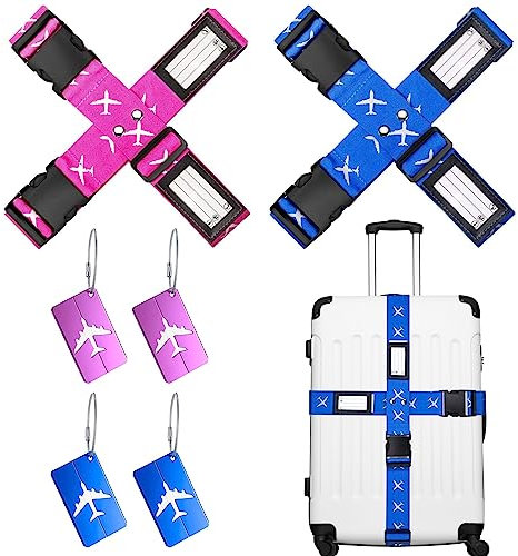 BOZILY Kofferbänder 4er Set mit 4er Anhängern, Einstellbare Kofferband 4er Set, Personalisiert Koffergurte, Koffergurt 4er Set mit namensschild (Rose & Blau)