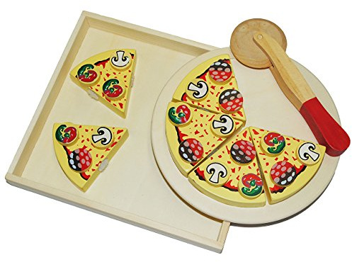 alles-meine.de GmbH 9 TLG. Schneide - Pizza mit Pizzaschneider - und Tablett Holz Spiel Küche Zubehör - Kinderküche Kaufmannsladen Holzpizza - zum Schneiden - Restaurante für Kin..
