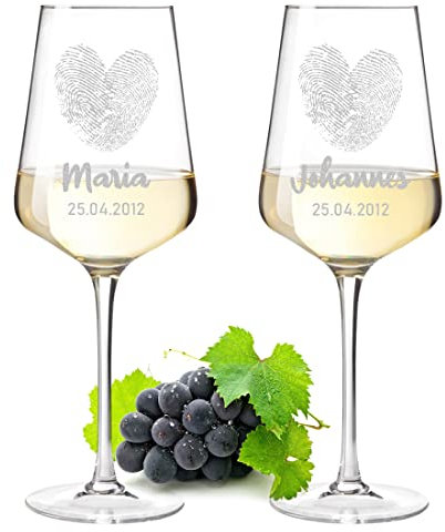 polar-effekt Leonardo Weißweingläser Weinglas 2er-Set 560 ml mit Gravur - Motiv Herz Fingerabdruck - personalisiert - Kristallglas - Jahrestag, Hochzeit - Mann, Frau, Paar - Wine, Glass