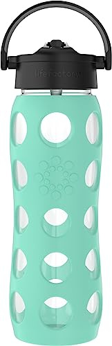 Lifefactory 22-Ounce Glass Water Bottle with Pivot Straw Cap and Protective Silicone Sleeve, Sea Green