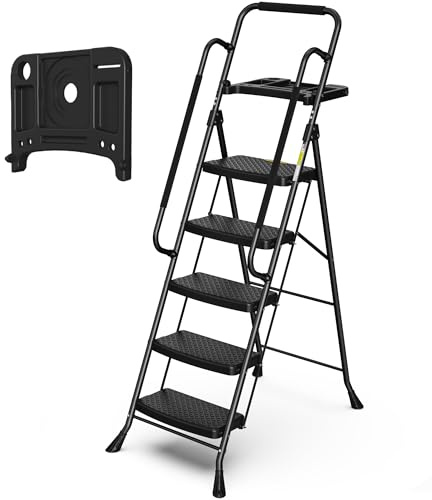 HBTower Step Ladder with Handrails, Folding Step Stool with Attachable Tool Bag & Anti-Slip Wide Pedal for Home Kitchen Pantry Office, Black