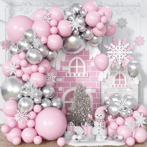 Pink and Silver Balloon Arch Kit, Metallic Silver Macaron Pink Balloon Garland Kit, Chrome Silver Pastel Pink Latex Balloons Different Sizes for Wedding Bridal Shower Baby Shower Party Decorations