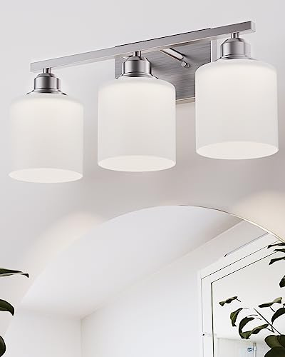Sailstar Bathroom Light Fixtures Over Mirror, 3-Light Vanity Lights Brushed Nickel, Modern Bathroom Vanity Light, Glass Shade & Anti-Rust Nickel Finished, Bathroom Light for Small Space