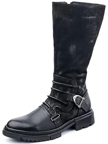 DJFOG Mens Knee High Boots,Medieval Leather Shoe Gothic Retro Riding Boots with Metal Buckle Knight Warrior Multi Size Shoes,Black,45