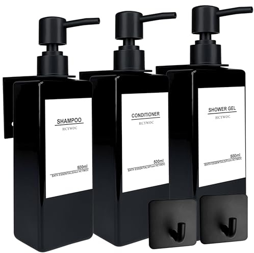 HCYWOC Seifenspender Wandbefestigung, 3 Stück, 32 Wasserdichten Etiketten | Shampoo Flaschen Zum Befüllen, Seifenspender Wandbefestigung Ohne Bohren, 500ml, Schwarz