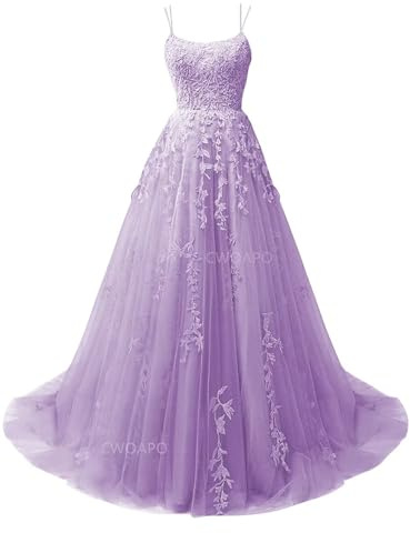 CWOAPO Lavender Tulle Prom Dresses for Women 2025 Spaghetti Straps Long Lace Appliques Ball Gowns Backless A Line Fairy Formal Wedding Dress with Pockets US4