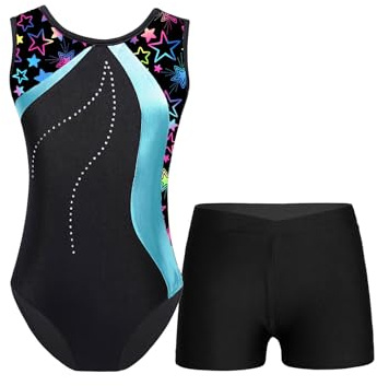 Miaeowve Barn flickor, gymnastikdräkt med shorts, 2 delar, danskläder, strass, glitter, balett, body, lapptäcke, dans, tröja med stretch, korta byxor, leggings, danskostym