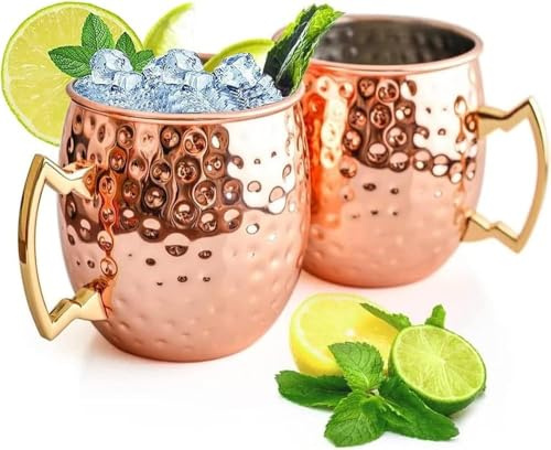 Abizarch Moscow Mule Mugs Set of 2, 16 oz Hammered Copper Cups with Gold Brass Handles, Large Capacity Cups Gifts Perfect for Cold Drinks, Beer, Cocktail, Wine, Bars(16oz)