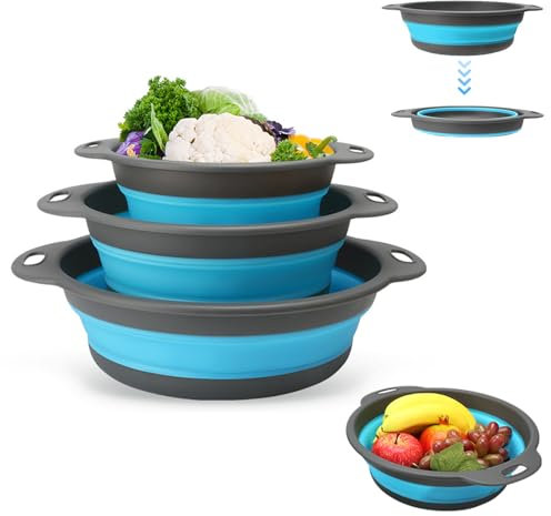 3 Pezzi Scolapasta Pieghevole,Scolapasta Plastica Multiuso per Pulizia e Drenante per Frutta Verdura Pasta,Colino Cucina con Impugnatura Ergonomica Lavabili in Lavastoviglie Grande 24/29/33.7CM