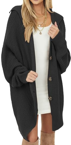 crazy bean Cardigan Donna Lungo Knitted Elegante Sweater Casual Manica Lunga a Maglia Autunno Inverno Giacca Calda con Tasche(Nero,XL)