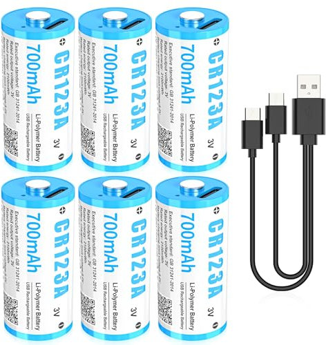 Batteria al Litio CR123A 3V, 6 Pezzi Batteria al Litio USB Ricaricabile 3V, Fino a 3000 Cicli con Porta di Ricarica USB-C, Ricarica Rapida in 2 ore, 700mAh per Serratura porta Impronte Digitali ecc.