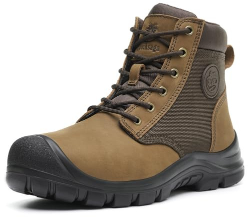 Epochsaga Mens Steel Toe Botas de trabajo de seguridad de la cabeza de cuero de vaca transpirable zapatos de la construcción (Marrón, Adulto, Hombre, 44, Números, Sistema tallas calzado EU, mediano)