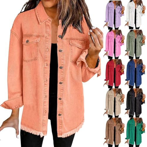 Chemise en jean pour femme - Manches longues - Veste en jean - Boutonnière - Chemisier ample - Chemisier long - Mode Hip Hop Y2K - Rétro - Avec ourlet à volants - T-shirt à manches longues - Loisirs -