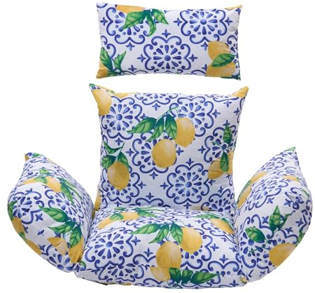 OHS Egg Chair Cushion with Headrest, Rattan Hanging Swing Chair Lemon Print Soft Thick Padded Hanging Basket Chair Cushion For Garden Indoor/Outdoor Use, Blue/Yellow
