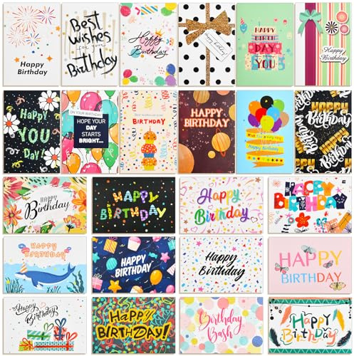 DecorDwell Set di 24 Biglietto di Auguri di Compleann, Biglietti Auguri con Buste, Multipack per Compleanno Cartolina,Biglietto Compleanno Pieghevole, per Invito Alla Festa Adulti (Bianco e nero)