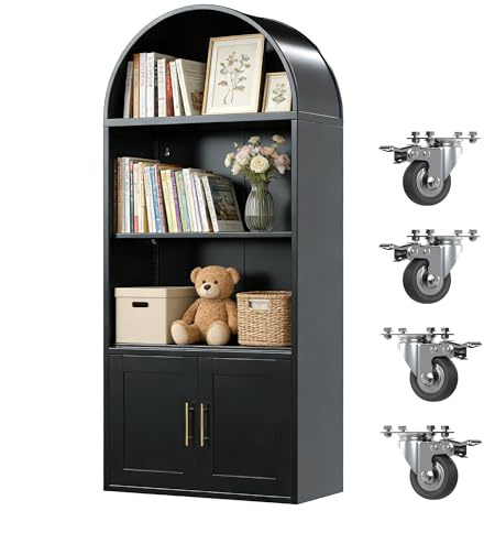 JAORD Metal Arched Bookcase with Wheels,Black Tall Arched Cabinet with 2 Adjustable Shelves for Home Living Room School,Required Assembly