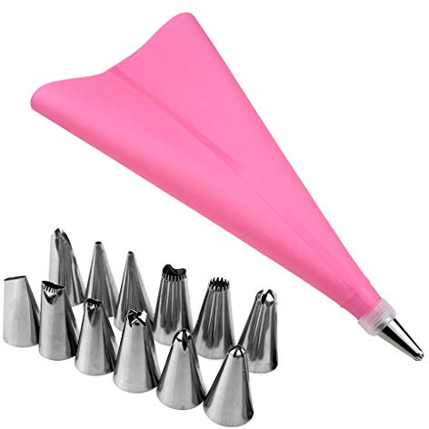 Juego de 14 boquillas de acero inoxidable para decoración de tartas, glaseado, crema, pastelería, 12 boquillas de acero inoxidable, herramientas para decoración de pasteles, color rosa