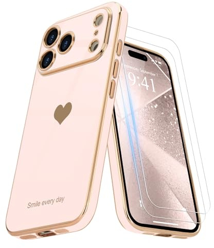 Teageo Mobilskal, kompatibelt med iPhone 17 Pro, med 2 skyddsfilmer, för flickor, stylingskal med hjärta, skyddsfodral av galvaniserad, mjuk TPU, med kameraskydd, reptåligt telefonfodral, ljusrosa | för flicka kvinnor söt flickig kärlekshjärta lyxigt guld mjukt fodral kameraskydd stöttåligt telefonfodral för iPhone 17 Pro
