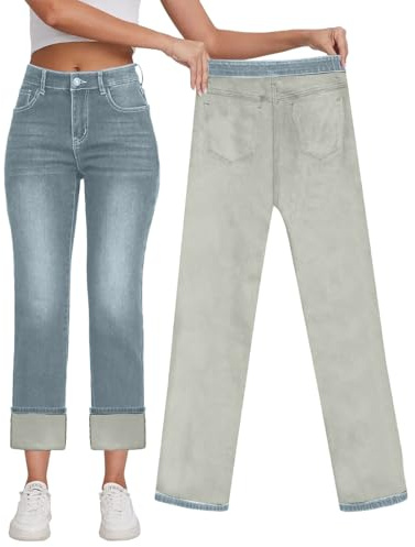 Generisch 2026 Jean thermique pour femme avec doublure en polaire, taille haute, jambe droite, doublure polaire, gris, XXL