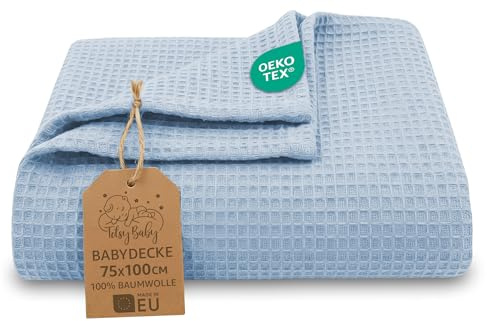 Totsy Baby Manta Bebe gofre algodón Todo el año 75x100 cm - Waffle Transpirable Ligera Infantil Entretiempo bebé – Cuna Carrito Cochecito recién Nacido capazo Suave Oeko-Tex Cielo Azul