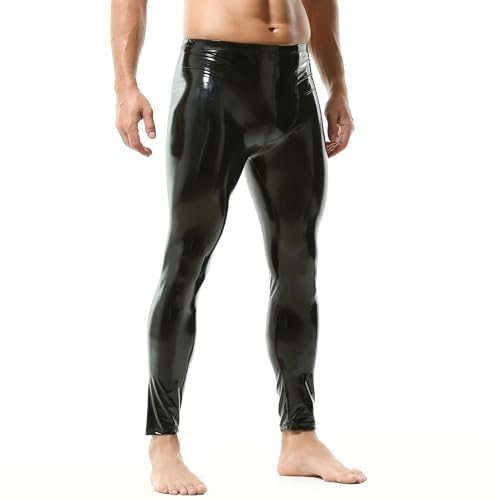 YOOBNG Men's Leather Active Leggings Wet Look Leggings Stretchy Shiny Trousers Yoga Pants