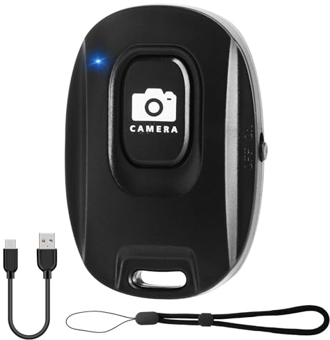 Telecomando per fotocamera Bluetooth 5.2 per iOS & Android – Telecomando ricaricabile per foto e video con pulsante selfie, cavo di ricarica USB e cinturino da polso – nero