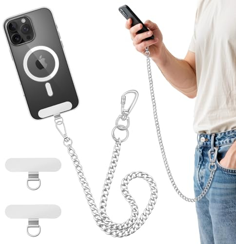 MoKo Anti-Theft Phone Chain, Crossbody Lanyard with Lockable Climbing Buckle, Stainless Steel Strap with 2 360° Metal Tether Tab, Circular Clasp for Travelling Shopping Party Camping, Silver