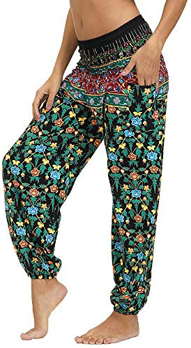 Nuofengkudu harembyxor, hippiebyxor för kvinnor, säckiga, bohemiska, mönstrade, hög midja, smockad midja, tunna med fickor, loungebyxor för yoga, sommar, strand, Grönt blommig, en storlek