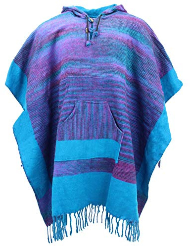 LoudElephant Poncho tibétain à capuche en laine acrylique douce, végan, lumineux, chaud et confortable, Violet et turquoise., taille unique