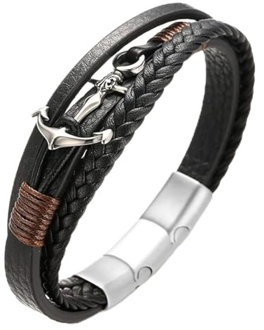 Halukakah Ragazzo ●VELA Junior● Più Ragazzi Vera Pelle Treccia Fatta a Mano Ancora Braccialetto 13-16 Anni/a. Titanio Opaco Argento Chiusura Magnetica Taglia Regolabile 18-19.5cm con Confezione Regalo